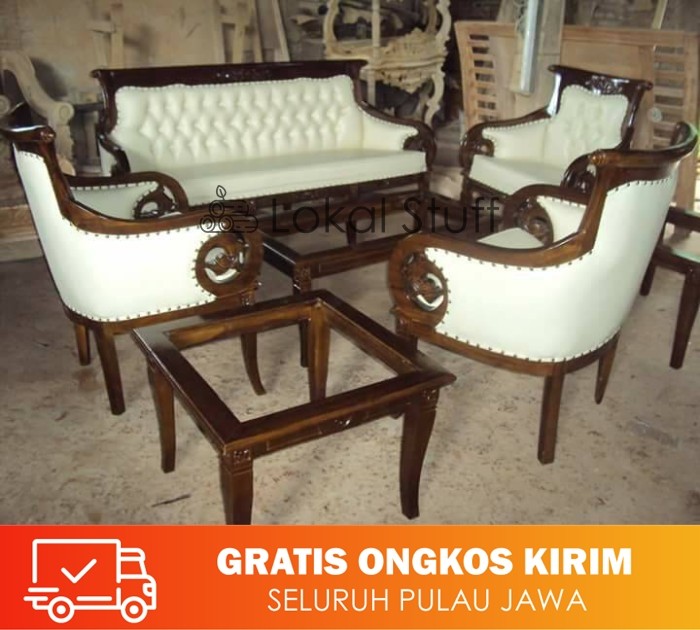 Kursi Sofa Serena klasik Kayu jati tua solid kulit sintetis